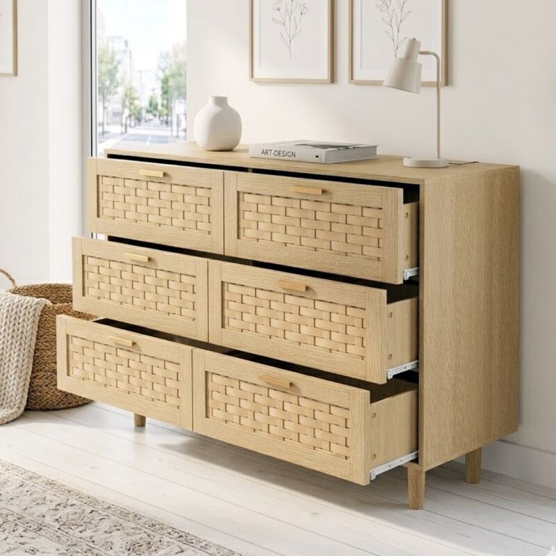 Buffet Commode Style Scandinave avec 6 Tiroirs en Bambou, Meuble de Rangement à Pieds Ronds, Grand Espace de Stockage, 115x40x80 cm - Naturel