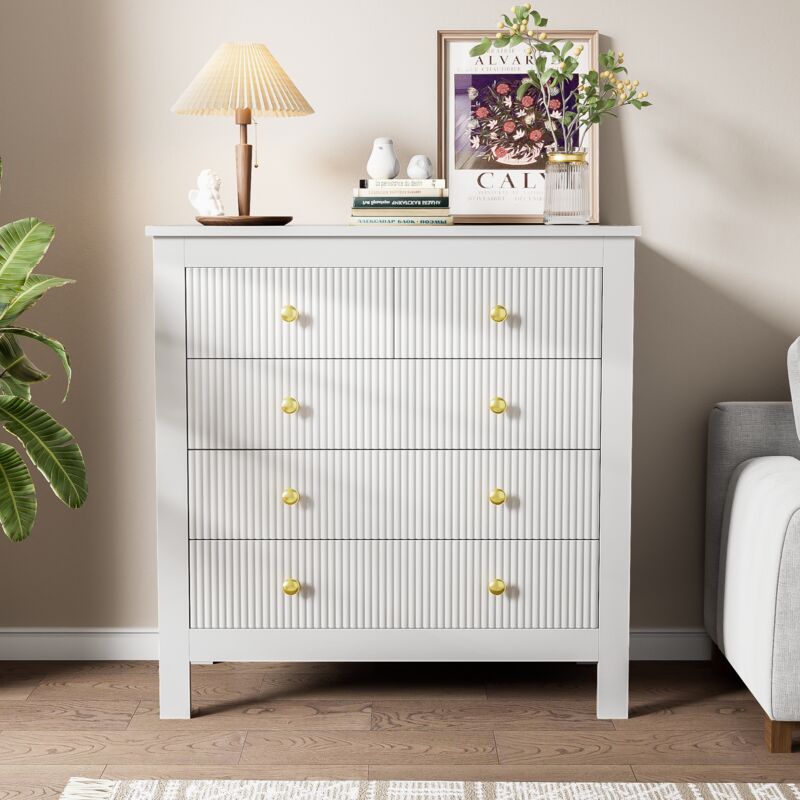 Buffet Commode Table de chevet avec 5 Tiroirs,Poignées dorées,Pour salon chambre,79L x 39.5l x 80.5Hcm,Blanc