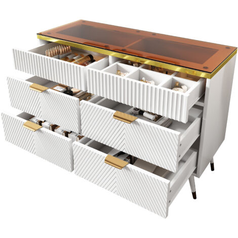 Buffet commode verre ambré, 6 tiroirs dont 2 à ouverture push-pull, structure métal, L120 x P40 x H76 cm,blanc