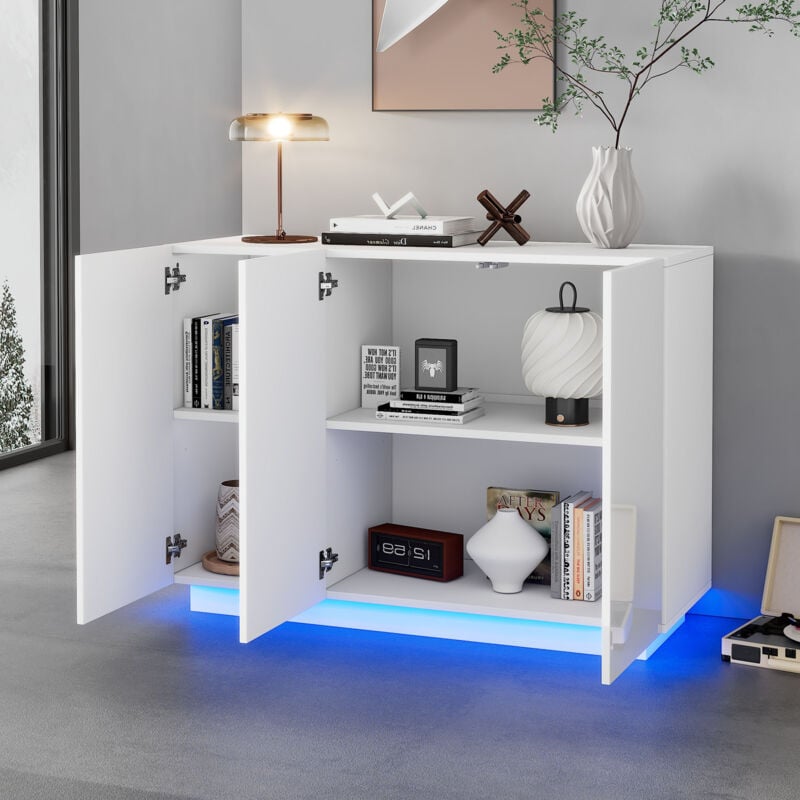 Buffet, commode,120x40x75CM, meuble de rangement avec éclairage led à la base, meuble d'entrée, blanc