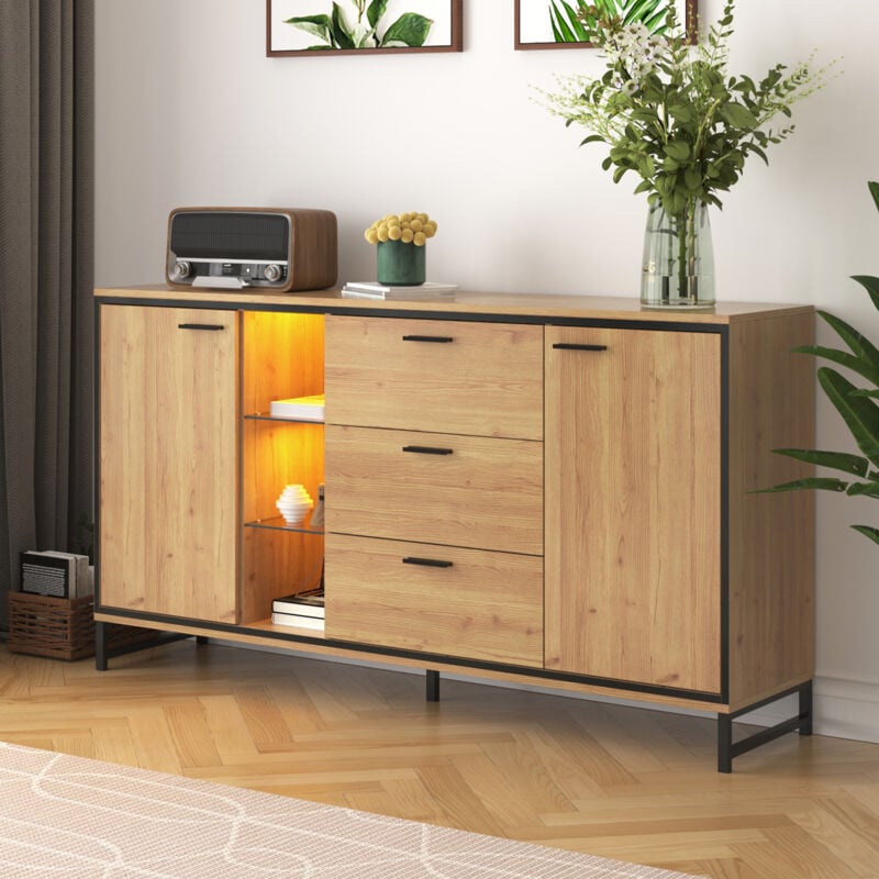 Buffet commode160 x 40 x 85 cm avec 2 portes et 3 tiroirs, led, particules, naturel