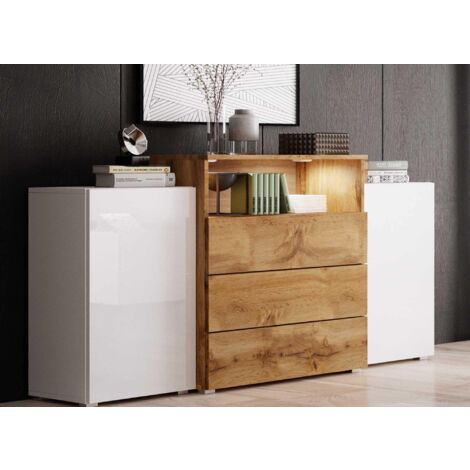Buffet commodes 2 portes 3 tiroirs blanc et bois avec LED -
