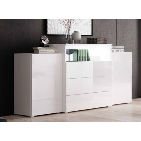 Buffet commodes 2 portes 3 tiroirs blanc laqué avec LED - MARCEL