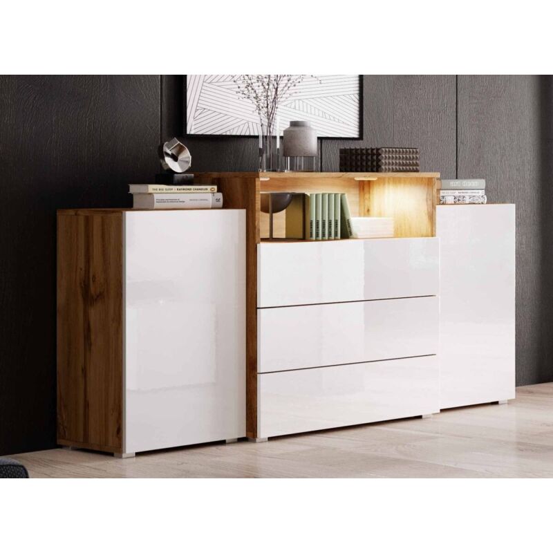 Buffet commodes 2 portes 3 tiroirs chêne et blanc avec LED - Buffet commodes 2 portes 3 tiroirs chêne et blanc avec LED -