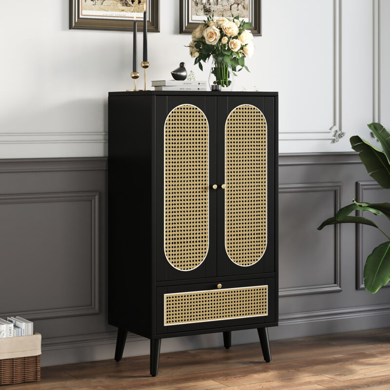 Okwish - Buffet haut noir, armoire latérale de rangement avec tiroir et portes en rotin, pour cahmbre, entrée et cuisine, noir élégant, 60x40x111 cm
