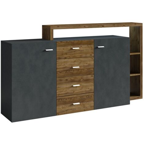 Buffet con estantería integrada colección BERGAMO 180cm. Color gris y roble oscuro.