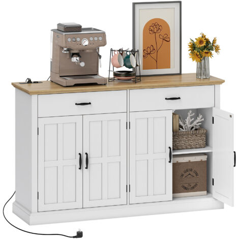 Buffet con porta USB e multipresa, mobile TV con 2 ante scorrevoli, 2 cassetti e ripiani regolabili, bianco