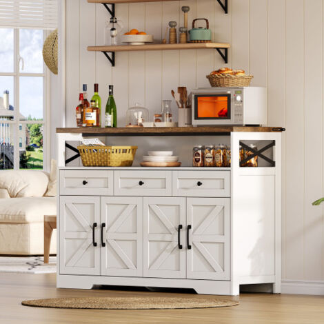 Buffet console 140 cm avec 3 tiroirs et placards à étagères, style campagne rustique, meuble de rangement pour cuisine, salon ou entrée – blanc et bois
