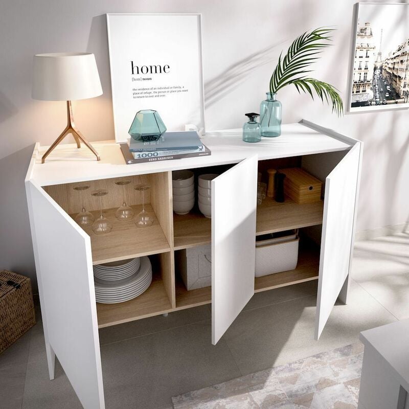 Mobimarket - Buffet blanc Kloe Blanc - Naturel 138 x 76 x 42 cm - Blanc - Naturel