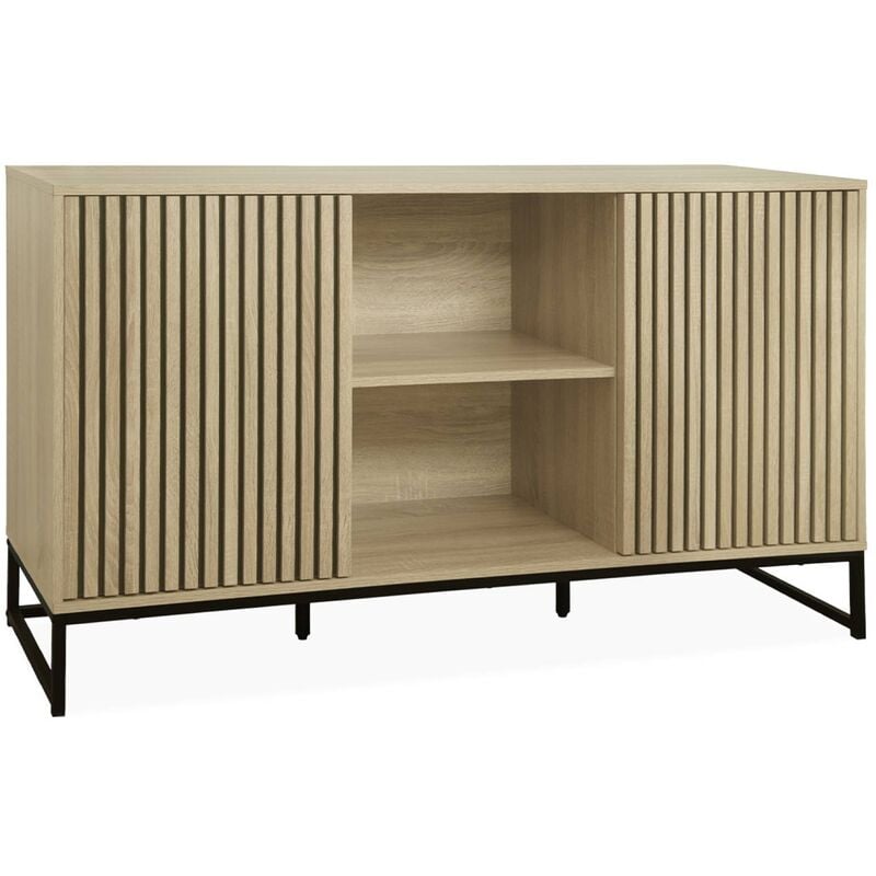 Buffet style contemporain avec 2 portes effet bois rainuré ouverture par pression. buffet bas. piètement en métal noir L140cm