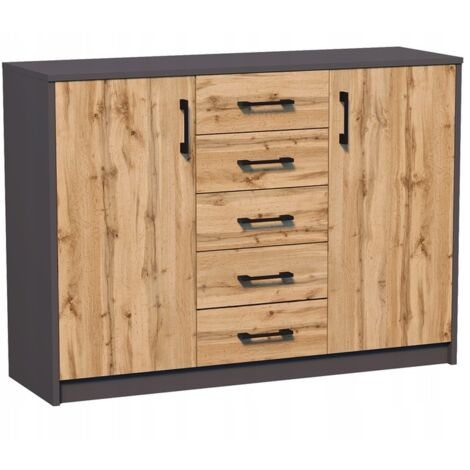 Buffet contemporain graphite 2 portes 5 tiroirs – Dimensions 110 x 35 x 85 cm – Charnières métal et glissières tiroirs en métal