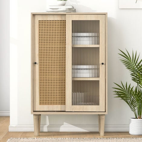 OHJIJINN Buffet couleur bois de 100 cm de hauteur avec portes en rotin plastique et portes coulissantes en verre, avec 6 compartiments derrière les portes.