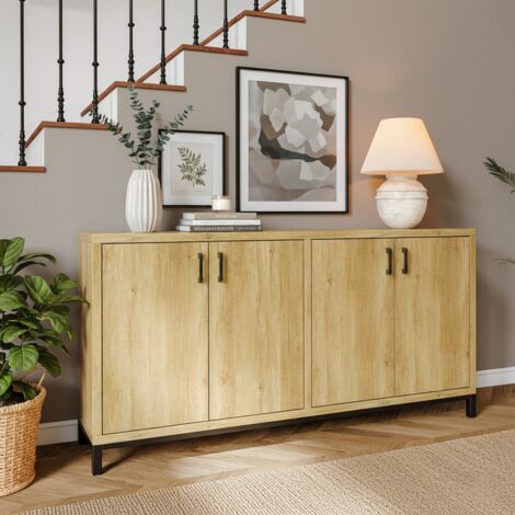 Buffet couleur bois naturel - 4 portes à charnières, grain de bois, poignées en métal - 2 étagères réglables - 160x35x80 cm - Bohème