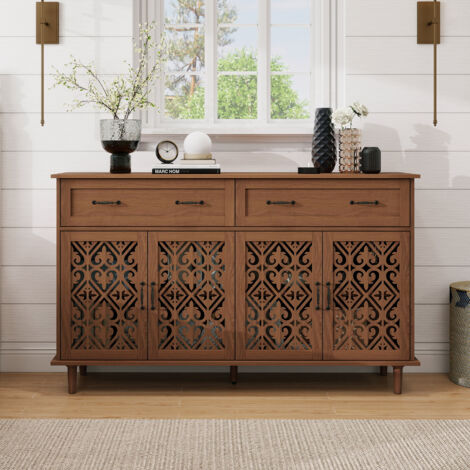 Buffet couleur noyer avec quatre portes, deux tiroirs, décor ajouré sculpté, étagères réglables en hauteur, poignées en métal rétro et pieds robustes en bois massif, idéal comme meuble de rangement po