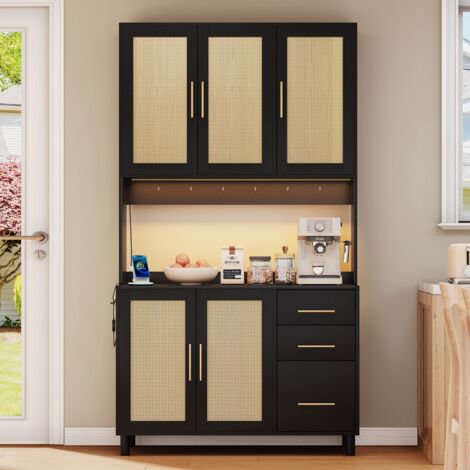 Buffet cuisine 183cm LED connecté - 2 USB + 2 prises - 3 tiroirs & étagères réglables - Poignées or - Noir