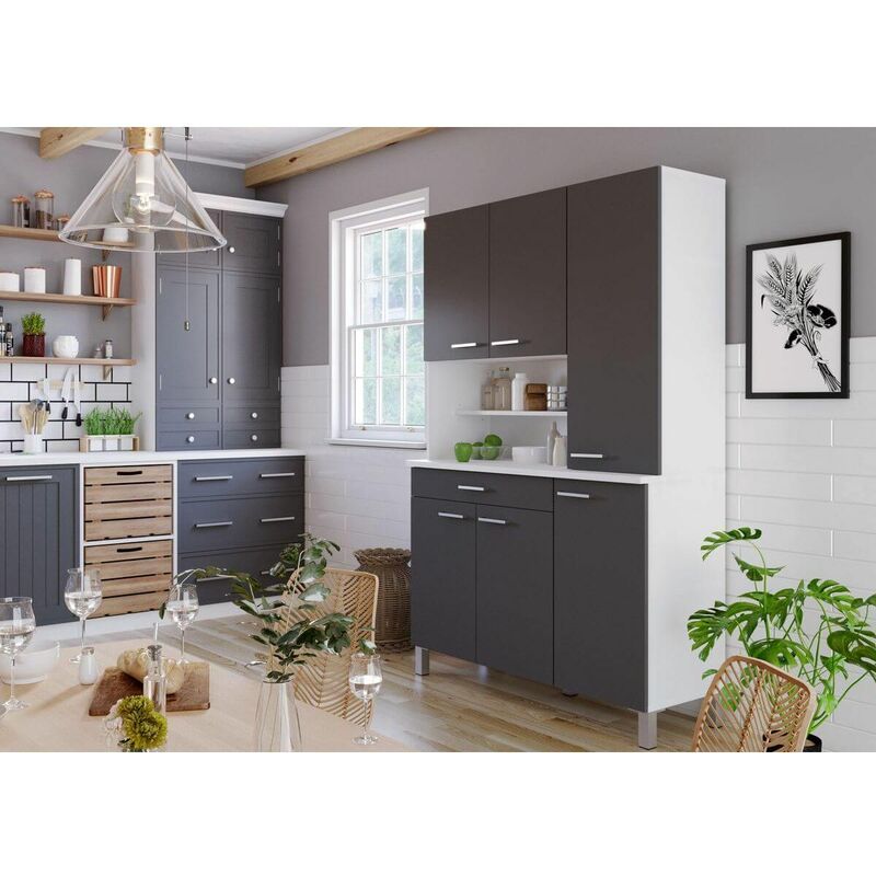 Buffet Cuisine 120cm KUISINA 6 portes et 1 tiroir Gris + Blanc - Gris + Blanc