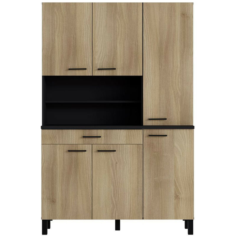 Buffet Cuisine 120cm KUISINA 6 portes et 1 tiroir Chêne et noir - Chêne et noir