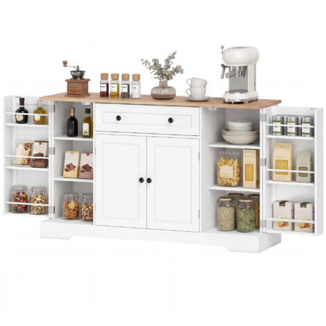 Buffet cuisine blanc 138x40x83.5cm avec tiroir, 4 portes, étagères ajustables et 6 rangements de porte