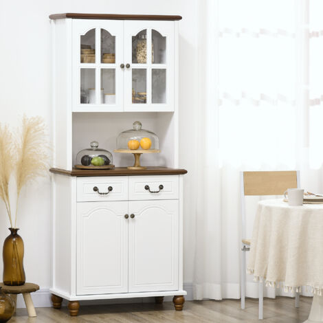 Buffet cuisine blanc 76x38x182cm 2 tiroirs et compartiment ouvert,vitrine fermeture douce,meuble de rangement fonctionnel cuisine et salon.