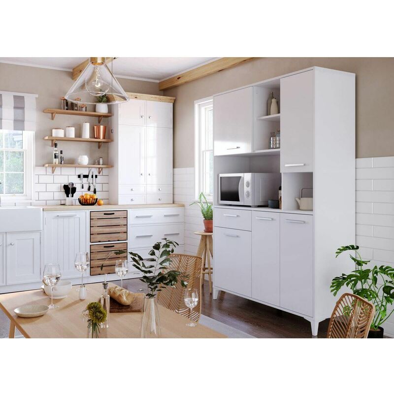 Buffet Cuisine 120cm KUISINA 5 portes et 1 tiroir Blanc - Blanc