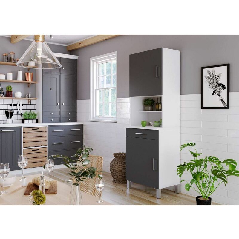 Buffet Cuisine 60cm KUISINA 2 portes et 1 tiroir Gris + Blanc - Gris + Blanc