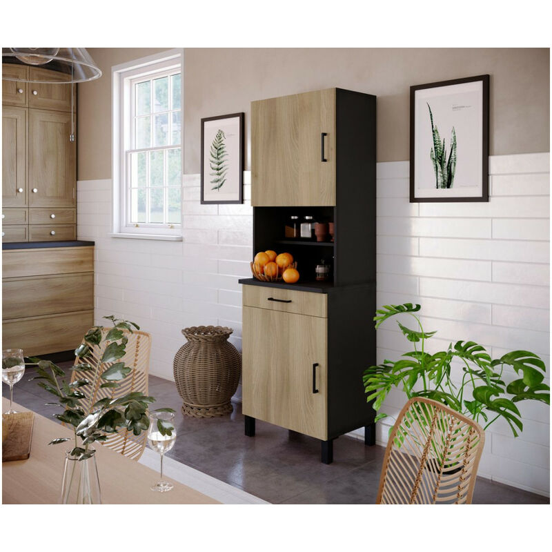 Buffet Cuisine 60cm KUISINA 2 portes et 1 tiroir Chêne et noir - Chêne et noir