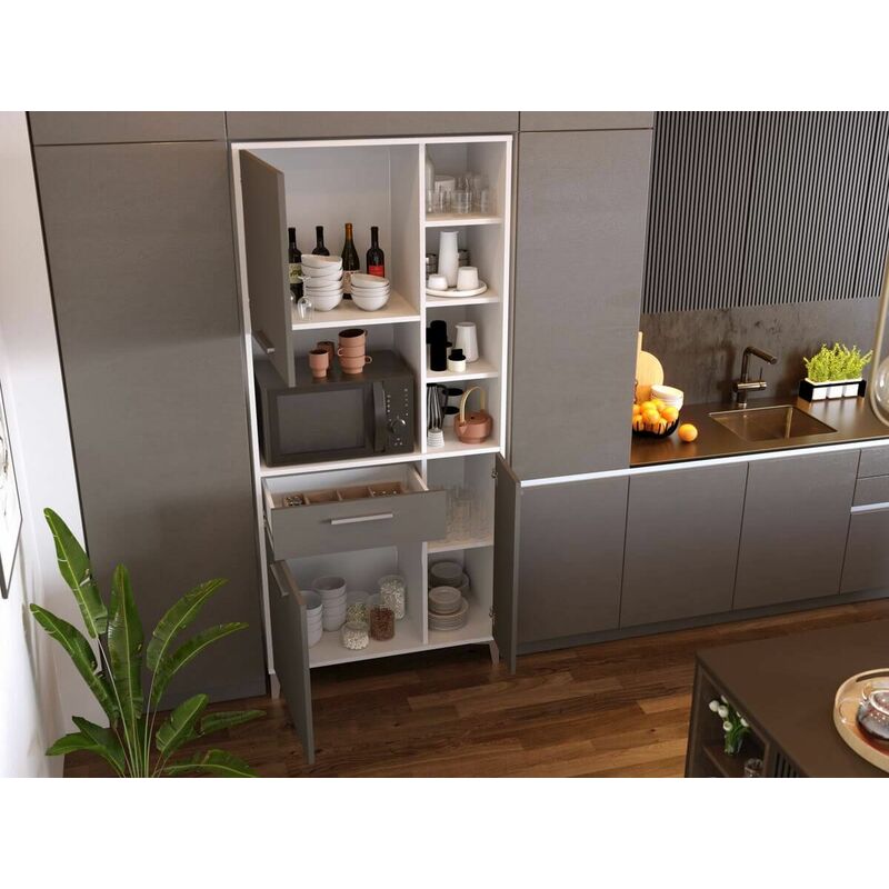 Buffet Cuisine 80cm KUISINA 3 portes et 1 tiroir Gris + Blanc - Gris + Blanc