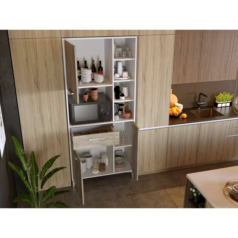 Buffet Cuisine 80cm KUISINA 3 portes et 1 tiroir Blanc & bois naturel - Blanc & bois naturel