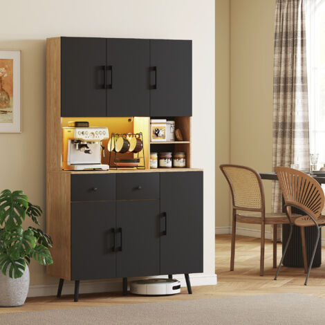 Buffet cuisine meuble cuisine rangement haut avec lumière LED RGB plan de travail 6 portes 2 tiroirs 100x40x176cm noir