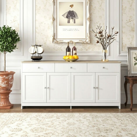 Buffet Cuisine, Meuble de Rangement Multifonctionnel avec 3 Tiroirs et 4 Portes, Commode Blanche Blanc, Armoire de Cuisine, pour Salon, Bureau, 160x37x75cm