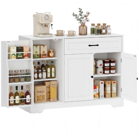 Buffet cuisine, meuble rangement avec tiroir, 3 portes fermeture douce, racks-porte et étagères réglables, blanc
