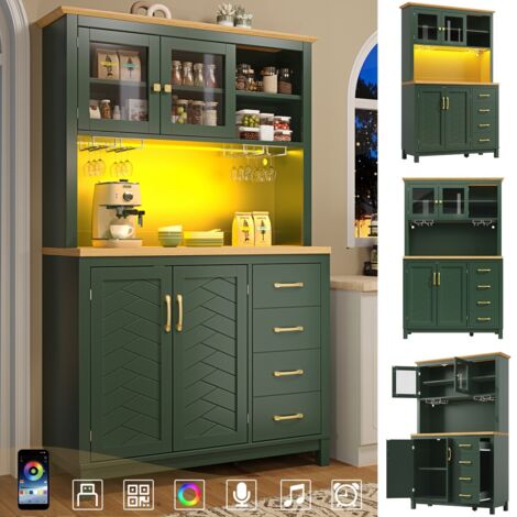 Buffet cuisine meuble rangement campagnard 4 portes LED porte-gobelets 105,5×40×180 cm vert
