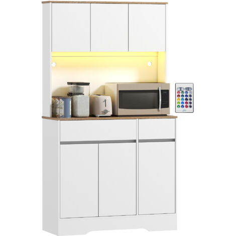 Buffet cuisine meuble rangement haut lumière LED RGB plan travail 6 portes 2 tiroirs blanc
