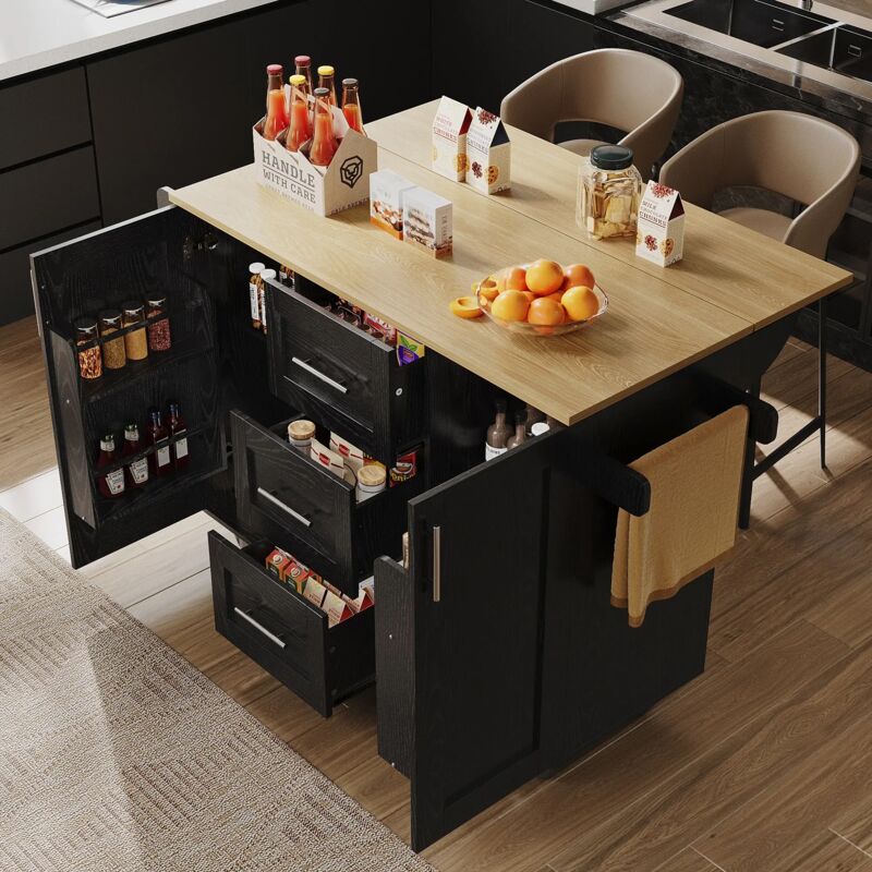Buffet Cuisine,Îlot de Cuisine Multifonctionnel avec 3 Tiroirs de Rangement,Porte-Serviettes avec Roulettes,Noir