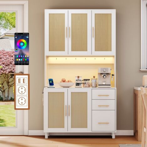 Buffet da cucina 183 cm con illuminazione LED, prese di corrente e USB, ripiani regolabili, 5 ante e 3 cassetti in colore bianco