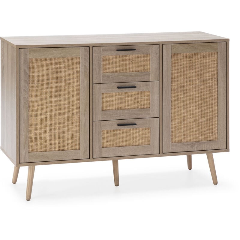 Buffet Dalia 3 tiroirs et 2 portes couleur chêne, 120 cm longueur