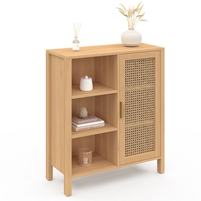 Buffet d'appoint 3 étagères et placard 70 cm edhen bois et cannage