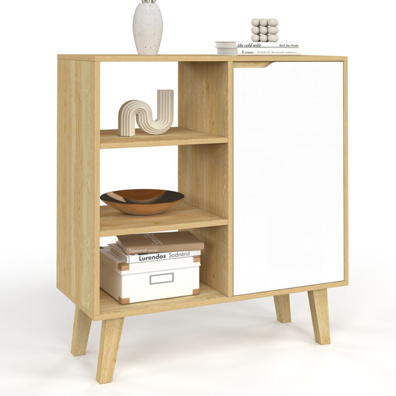 Idmarket – Buffet d'appoint enfilade 3 étagères et placard 70 cm – Bois clair et blanc – Dimensions compactes pour salon, entrée ou bureau