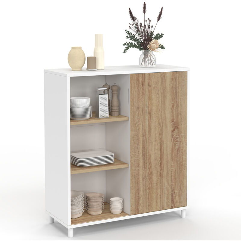 Buffet d'appoint 70 cm 3 étagères et 1 porte coulissante réversible blanc et bois montage facile