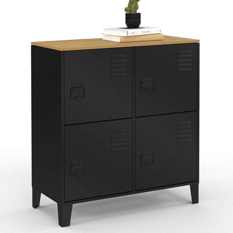Idmarket – Buffet d'appoint 70 cm 4 portes – Métal noir et bois – Style industriel – Rangement optimisé pour cuisine, entrée ou bureau