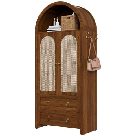 Buffet d’appoint en rotin style arrondi – 2 tiroirs – Meuble rétro pour salon et chambre – Armoire de rangement décorative pratique Couleur noyer
