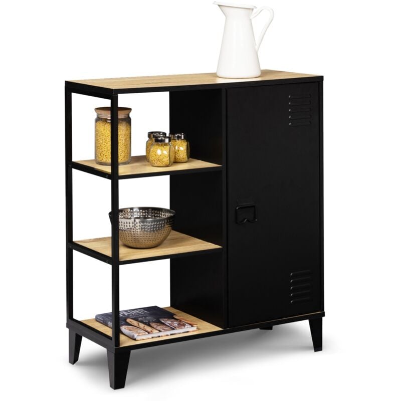 Buffet d'appoint 3 étagères et placard métal noir et plateau bois 70 cm ester design industriel