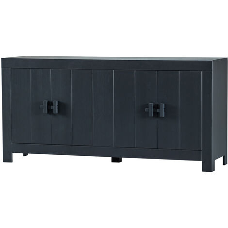 Buffet de 4 portes en pin massif coloris noir mat - Hauteur 85 x Longueur 177 cm x Profondeur 46 cm -PEGANE-