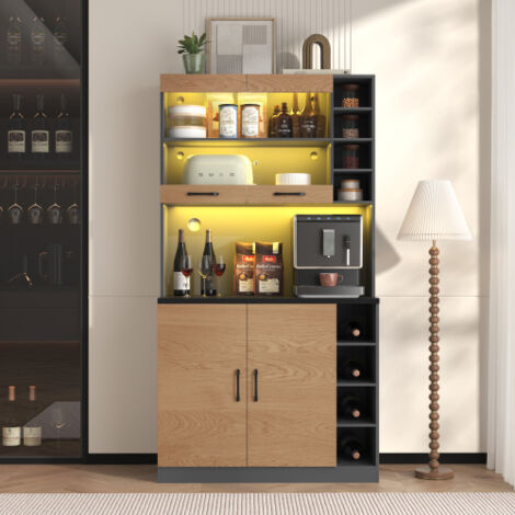 Buffet de cuisine 100x47x187 cm avec éclairage LED, étagères latérales réglables, 4 portes, casier à vin, en bois, noir et naturel