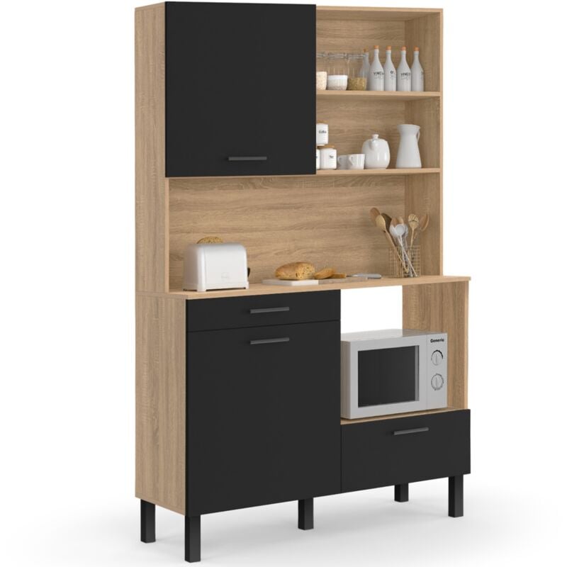 Buffet de cuisine 120 cm cina 3 portes + 1 tiroir façon hêtre et noir