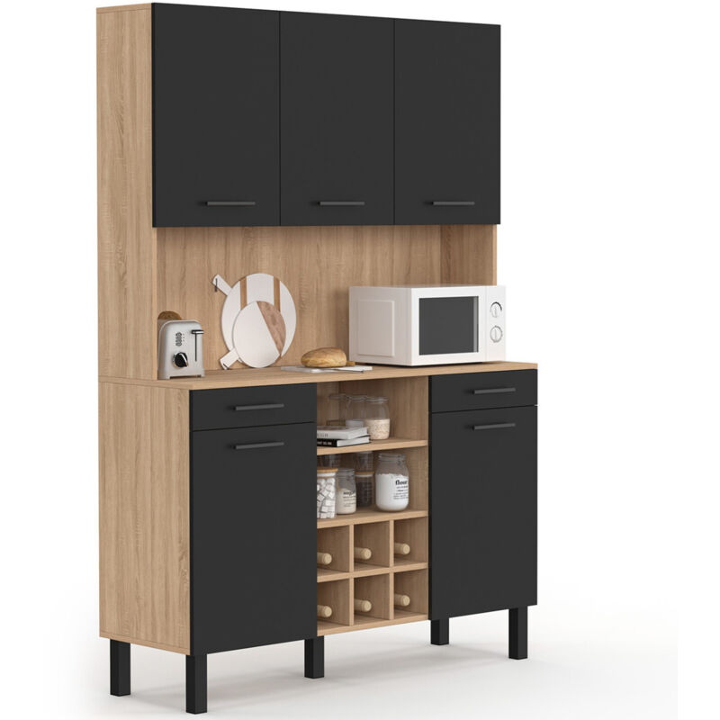 Buffet de cuisine 120 CM CINA 5 portes + tiroirs + range-bouteilles façon hêtre et noir