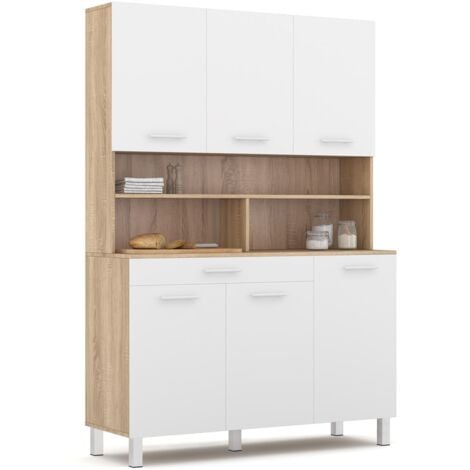 Buffet de cuisine 120 CM CINA 6 portes + tiroir façon hêtre et blanc
