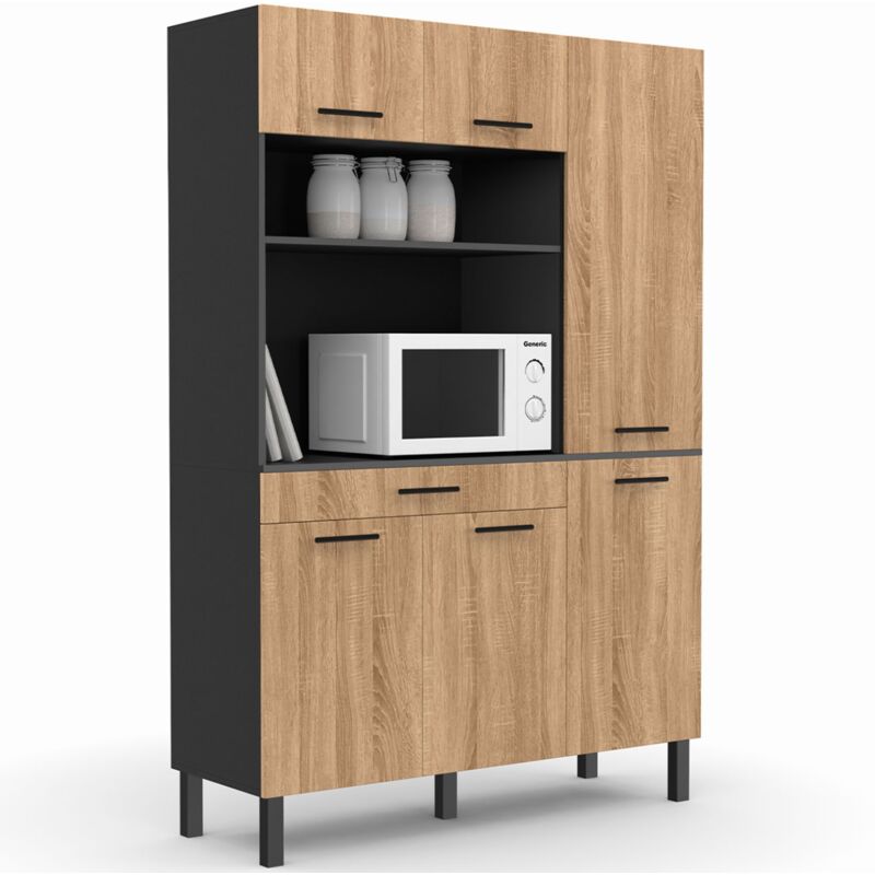 Buffet de cuisine avec colonne de rangement 120 cm cina 6 portes + tiroir noir et façon hêtre