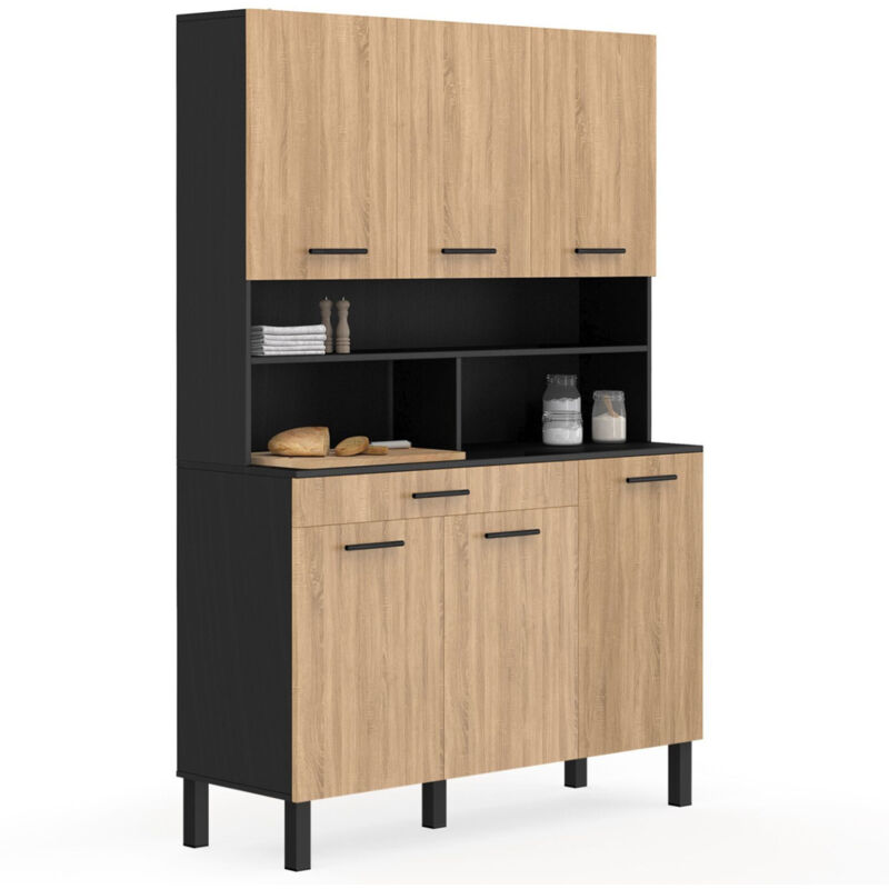 Idmarket - Buffet de cuisine 120 cm cina 6 portes + tiroir noir et façon hêtre