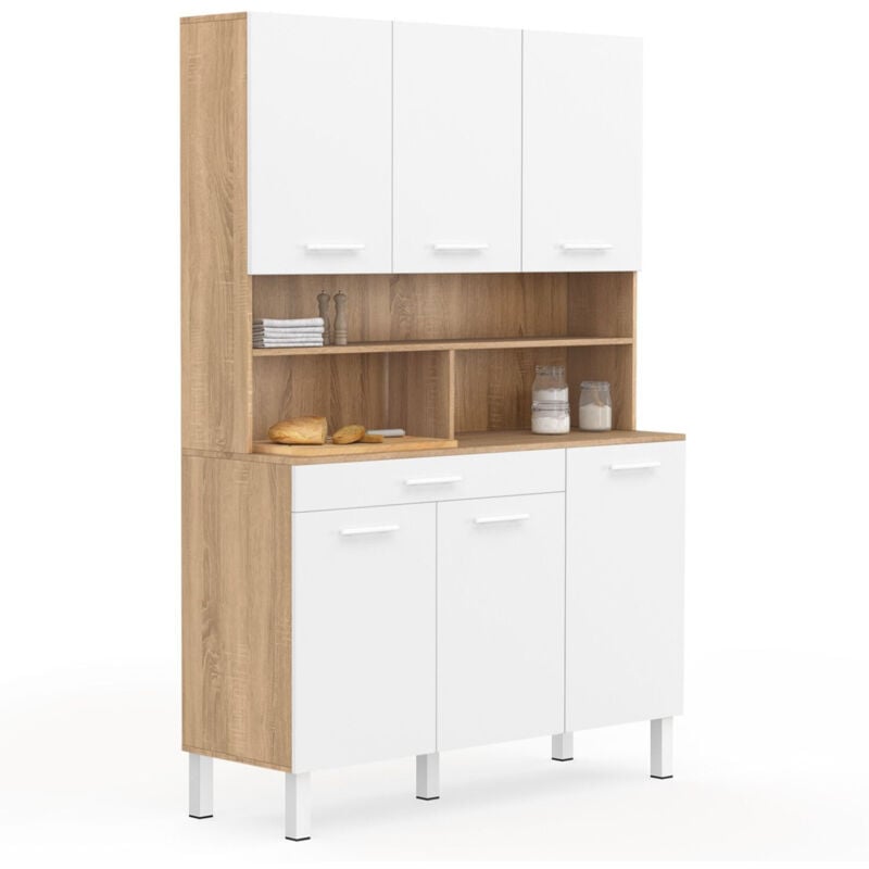 Buffet de cuisine 120 cm cina 6 portes + tiroir façon hêtre et blanc